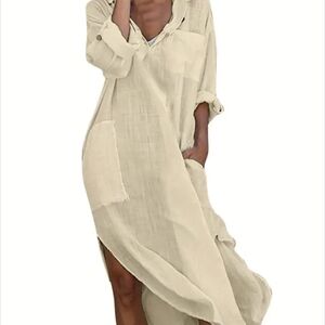 Casual Beige Maxi Dress with Pockets